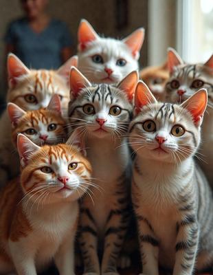 The primary subject of the image is a group of cats, with a total of 12 cats visible in the scene. They are all sitting together, with some of them looking at the camera. The setting is indoors, with a window in the background. The visual style is a photo, and the colors and mood are warm and inviting.